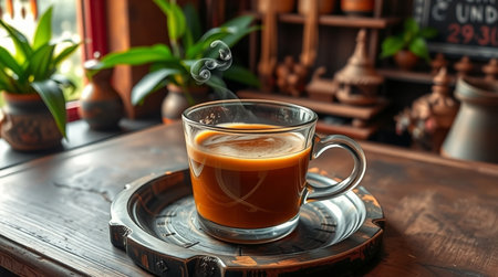 Cup of coffee on wooden table in cafe, closeup viewの写真素材