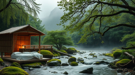 Wooden hut in the forest with a river flowing through it.の写真素材