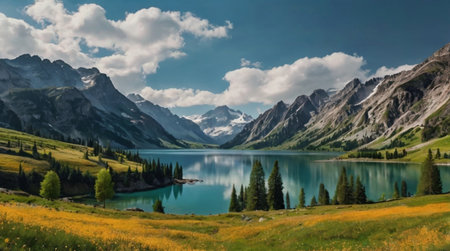 panoramic view of turquoise alpine lake with yellow flowers and mountains in backgroundの写真素材