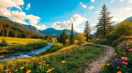 Beautiful spring landscape with wildflowers and mountain river. Carpathian, Ukraine, Europe.