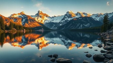 Mountain lake with reflection of snowy peaks in the water at sunsetの写真素材