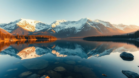 Mountains reflected in a lake at sunrise, Canadian Rockies, Alberta, Canadaの写真素材
