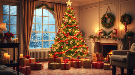 Christmas tree with gifts in the living room. 3d rendering.の写真素材
