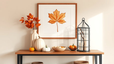 Modern interior design with mock up poster frame, pumpkins and autumn leavesの写真素材