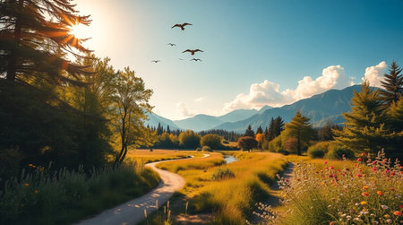 Beautiful autumn landscape in the mountains with a road and wildflowersの写真素材