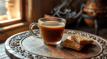 Cup of coffee with crackers on wooden table, closeupの写真素材