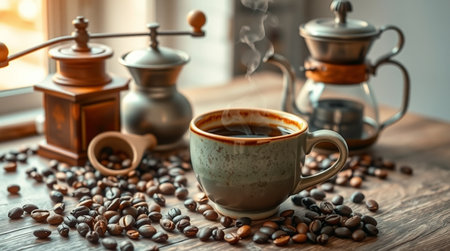 Cup of coffee with roasted coffee beans on wooden table, closeupの写真素材