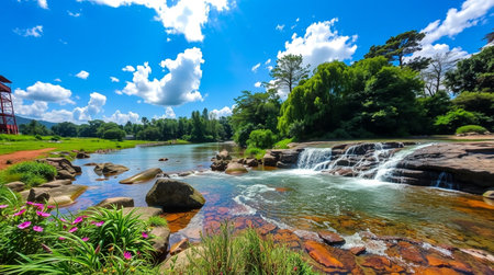 Beautiful waterfall in the park with blue sky and white clouds.の写真素材