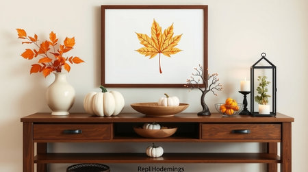 Autumn composition with pumpkins and leaves on wooden chest of drawers. 3d render