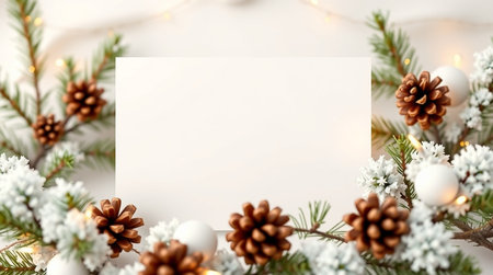 Christmas greeting card mockup with fir branches, pine cones and snowflakes on white backgroundの写真素材