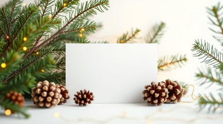 Christmas greeting card mockup with fir branches and pine cones on white wooden background.の写真素材