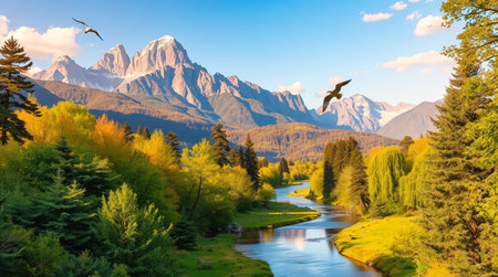 Panoramic view of the mountains and the river in autumn.の写真素材