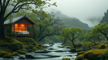 Wooden house on the bank of a mountain river in the fogの写真素材