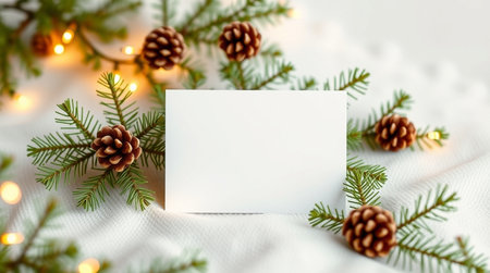 Christmas greeting card mockup with fir branches and pine cones on white backgroundの写真素材