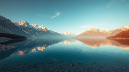 Mountains reflected in the calm water of a lakeの写真素材