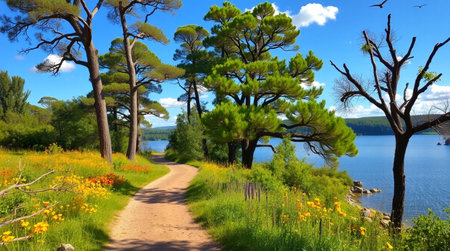 Beautiful spring landscape with a path on the shore of Lake Baikalの写真素材