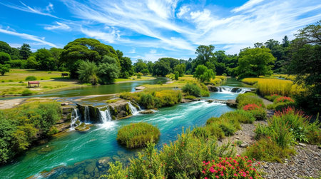 Waterfall in the park. Beautiful landscape with a waterfall in the park.