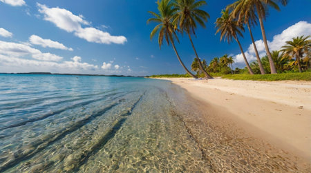 Panoramic view of beautiful tropical beach with coconut palm trees.の写真素材