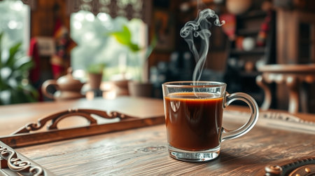 Cup of coffee on wooden table in coffee shop, stock photoの写真素材