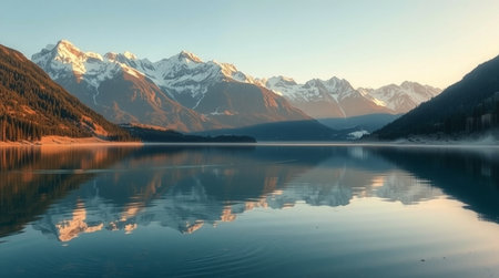 Mountain lake with reflection of mountains in the water at sunset.の写真素材