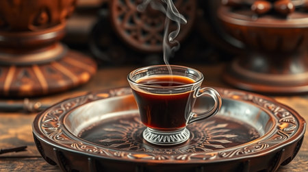 Cup of coffee on old wooden table, close-up.の写真素材