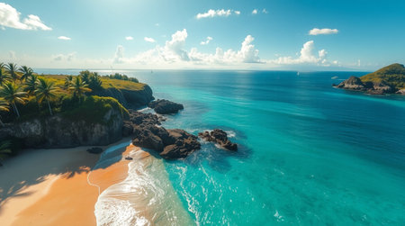Aerial view of beautiful beach with turquoise sea and blue skyの写真素材