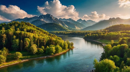Beautiful panoramic view of the mountains and the river.の写真素材
