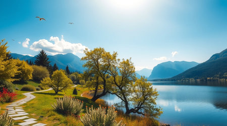 Beautiful autumn landscape with lake and mountains. Panoramic view.の写真素材