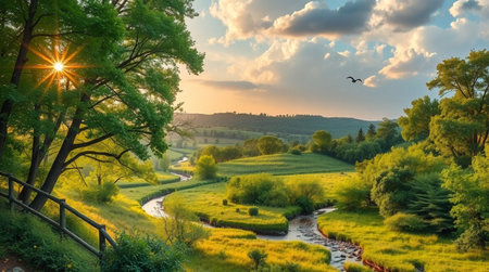 Sunset over the river in the countryside. Beautiful landscape with green meadows, trees and birds.の写真素材