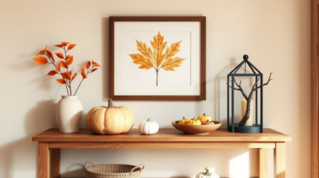 Modern scandinavian interior with wooden shelf, pumpkins and autumn leaves