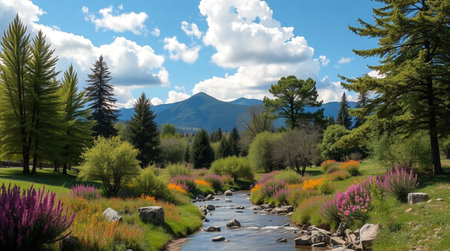 Beautiful spring landscape in the park with blooming flowers and mountainsの写真素材