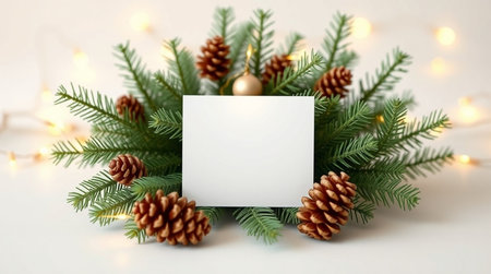 Christmas greeting card mockup with fir tree branches on white background.