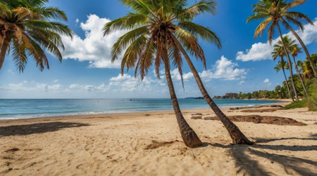 Panoramic view of tropical beach with coconut palm trees and blue skyの写真素材