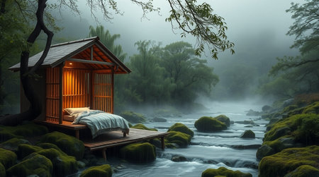 3D rendering of a wooden hut in the forest with a wooden bedの写真素材