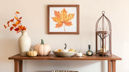 Stylish autumn composition with pumpkins, candles and chest of drawers near beige wall