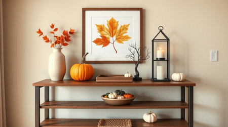 Wooden shelf with autumn decor in living room. 3d renderの写真素材