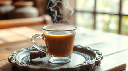 Cup of coffee on tray on wooden table in cafe, closeup