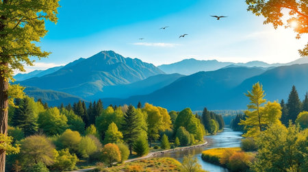 Panoramic view of autumn alpine landscape with river and mountains