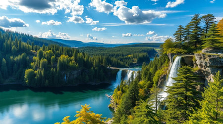 Panoramic view of the waterfall on the river Katun in the Altai Republic.