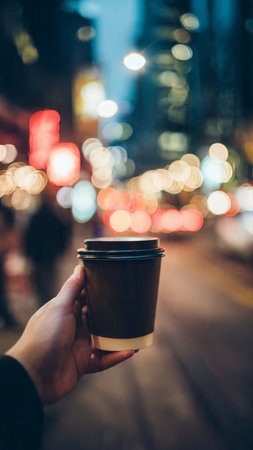 Hand holding a paper cup of coffee in the city at night.の写真素材