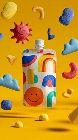 Plastic bottle with smiling face made of multicolored paper on yellow background