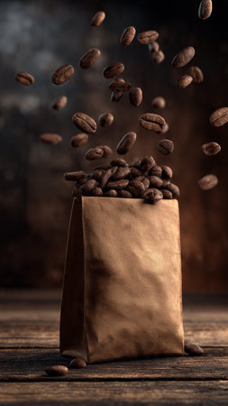 Coffee beans flying out of a paper bag on wooden backgroundの写真素材