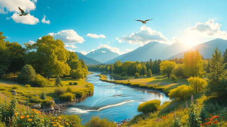 Beautiful summer landscape with a river and mountains in the background.