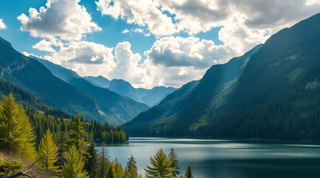 Panoramic view of the mountain lake and forest. Beautiful summer landscape.の写真素材