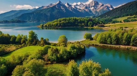 Panoramic view of beautiful alpine landscape with lake and mountainsの写真素材