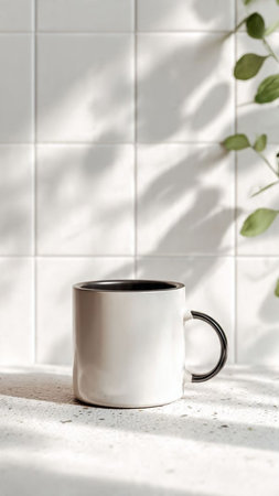 coffee cup on white ceramic tile wall with shadow of plant.