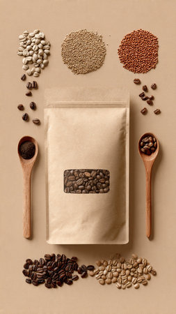 Coffee beans and beans in paper bag on brown background.の写真素材