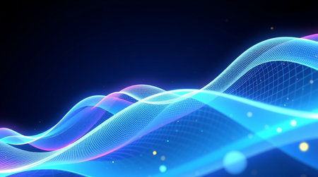 3d render, abstract blue background with glowing particles, lines and waves
