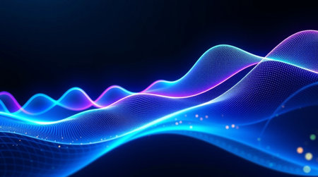 3D illustration of a blue abstract digital wave with particles on a dark background