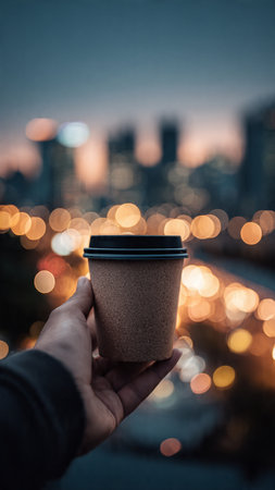 Coffee cup in hand on blurred city background with bokehの写真素材